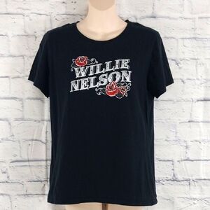 🔵BOGO FREE🔵T-Shirt Willie Nelson Black w Roses Graphic Cotton Sz S